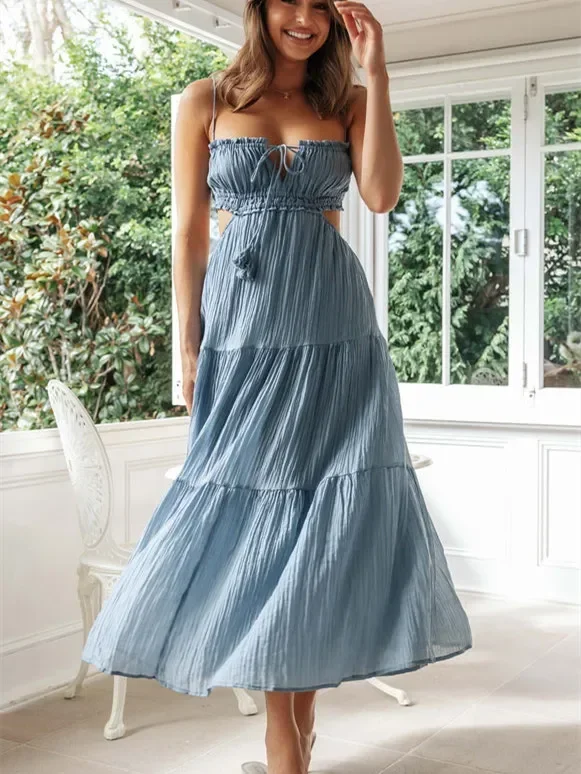 Женское Длинное Платье В Стиле Бохо Летняя Повседневная Однотонная Юбка-миди Без