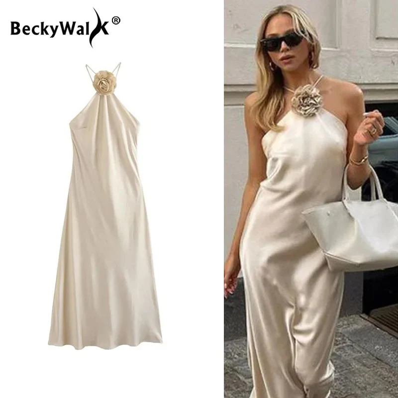 

Elegant Flower Sleeveless Dresses Women Summer Lady Satin Sexy Halter Backless Party Dress Female Lace Up Evening Gown WF349