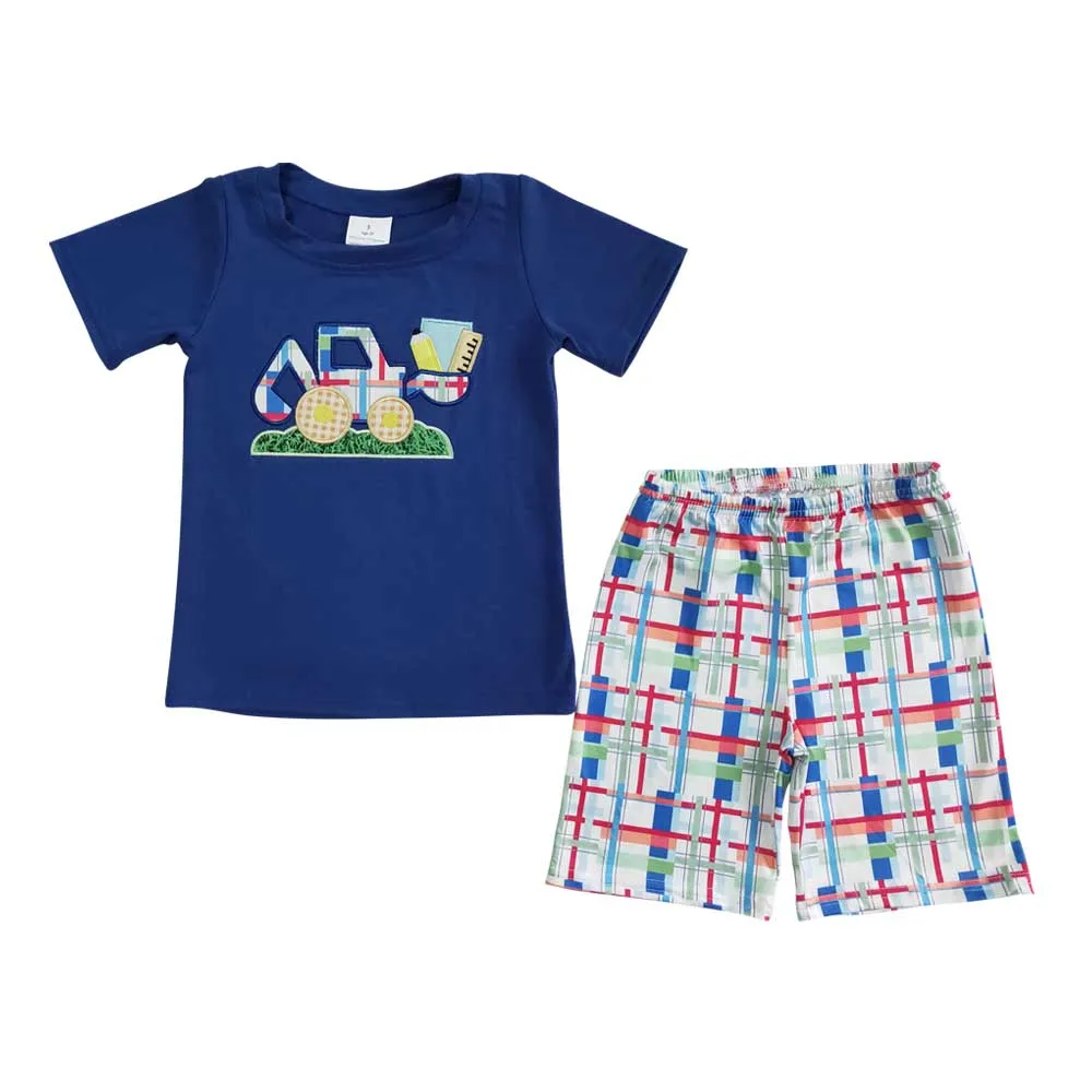 

Одежда для маленьких мальчиков, оптовая продажа, синяя футболка с короткими рукавами и вышивкой на тракторе, комплекты летних шорт из бутик...