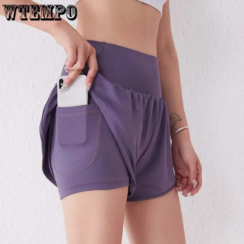 

Loose Casual Sports Shorts Women Thin Purple Fake Two Pieces Anti Glare High Waisted Hip Lifting Breathable Yoga Pants Summer