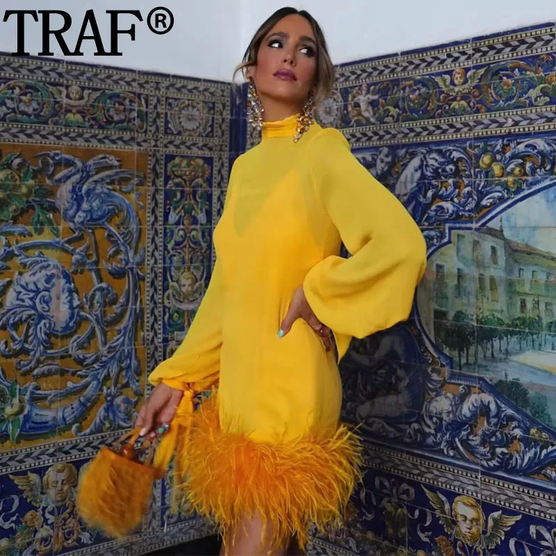 

TRAF Feather Short Dresses For Women Turtleneck Long Sleeve Yellow Dress Woman Tied Semi Sheer Mini Dress Summer Elegant Dresses