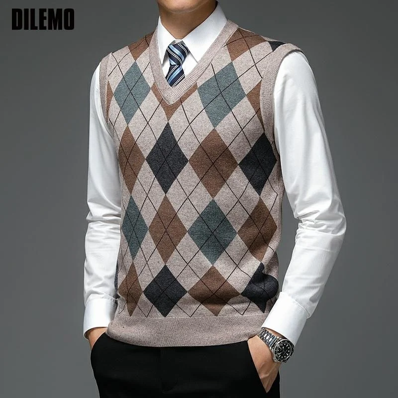 

New Fasion Desiner Brand Aryle Pullover Diamond Sweater V Neck Knit Vest Men 6% Wool Sleeveless Autum Casual Men Clotin