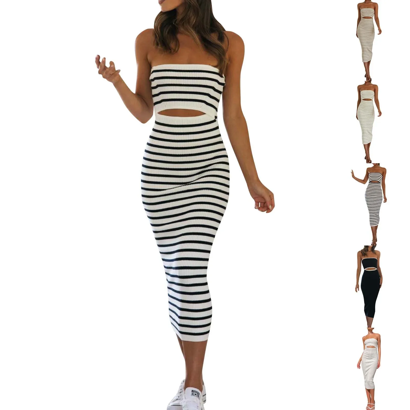 Женское облегающее платье в полоску летнее ажурное трикотажное длинное