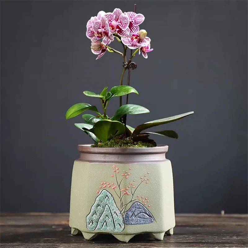 

Pottery Coarse Flower Pot Ceramic Breathable Planters Office Bonsai Succulents Orchid Pot Green Plants Container Home Decoration