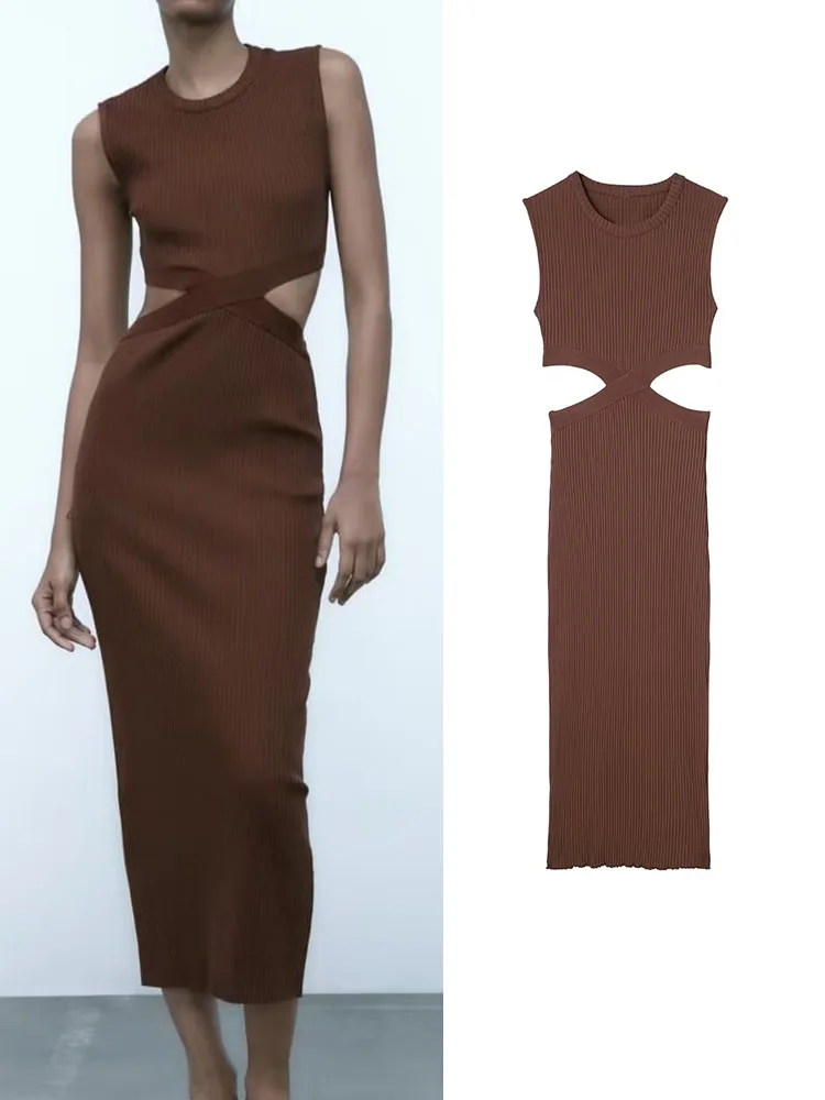 

Elegant Women Solid Hollow Out Kintted Dresses 2023 Summer O-neck Sheath Mid-calf Dress Straight Sleeveless Party Vestidos