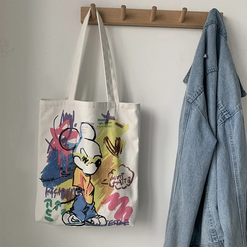 

Cartoon Rabbit Print Canvas Tote Bag Women Cloth Shoulder Bag Reuseable Shopping Bags Zipper Grocery Handbag Books Bag for Girl