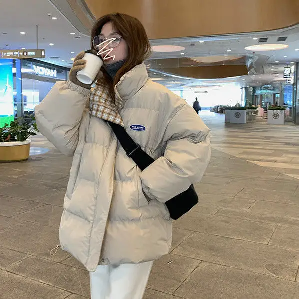 Stitching Plaid Stand Collar Cotton Jacket Female Winter Korean System Oversize Bread Clothes Thickened Cotton Jacket Tide