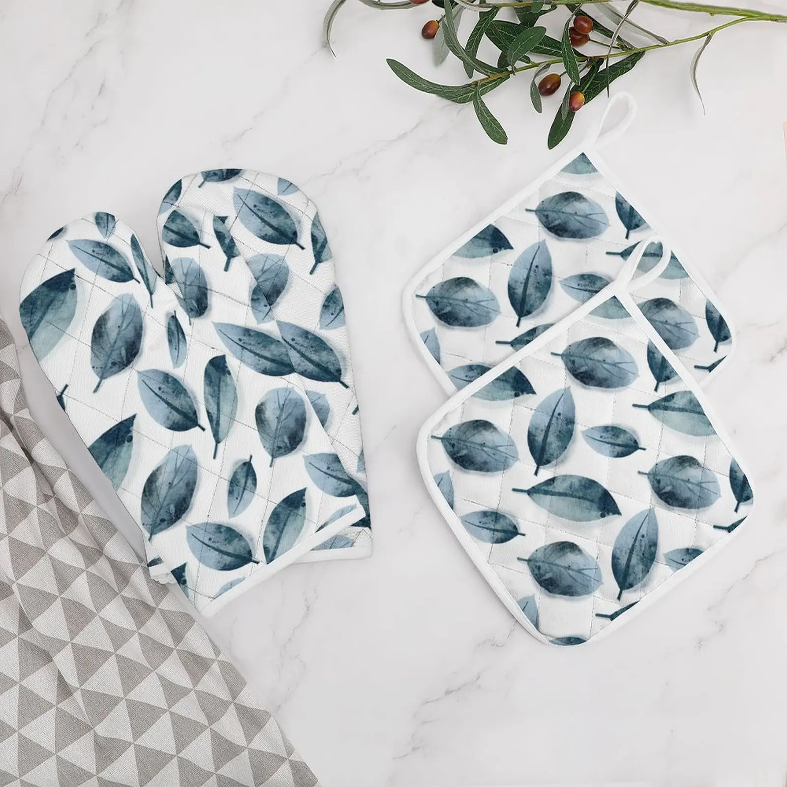 

Oven Mitts and Pot Holders Set Kitchen Mittens with Potholders Surface for Baking Cooking BBQ Watercolor Plant Leaf