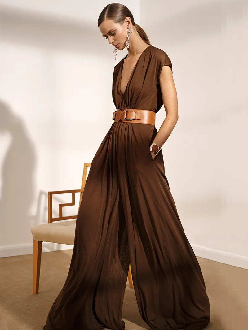 Lemongor 2023 Summer Urban Wide Leg Sexy V-Neck Jumpsuits With Belt Fashion Solid Color Causal Loose Jump Suits For Women