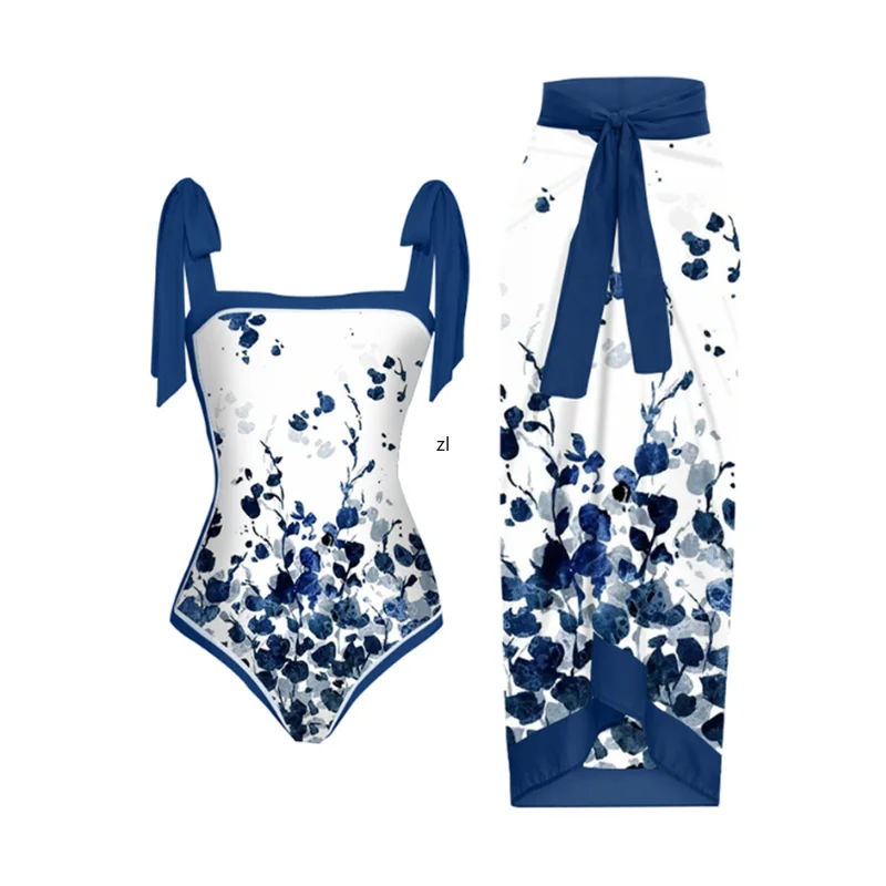 

Blue Bow Strap Gradient Flower Print Bikini Square Neck Retro Sexy One-Piece Swimsuit Women's Fashion Backless Beachwear