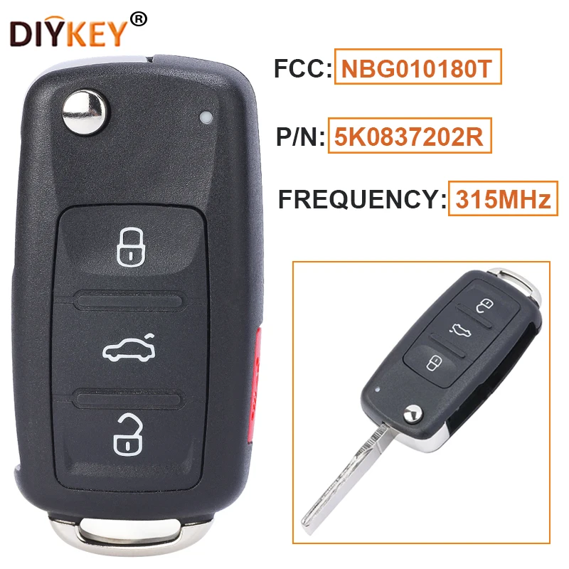 

DIYKEY FCC:NBG010180T 315MHz 4 Button Flip Remote Key Fob ID48 Chip for Volkswagen Atlas Beetle Passat 2012-2018 P/N:5K0837202R