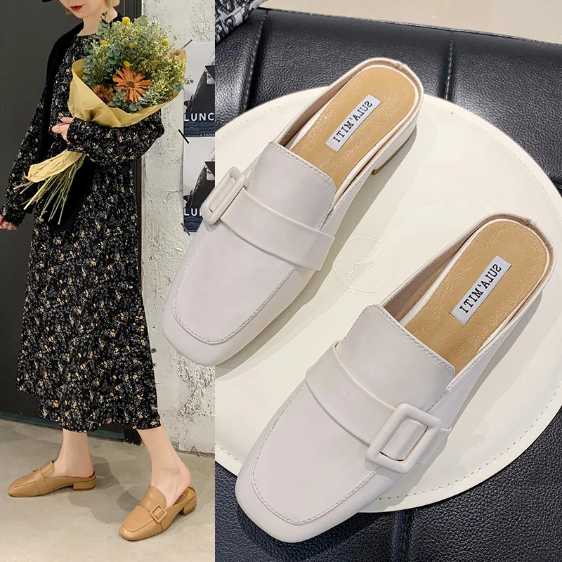 

Cover Toe Slippers Casual Rivet Shoes Mules For Women 2022 Pantofle Low Slides Med Luxury New Square PU Basic Hoof Heels Metal D