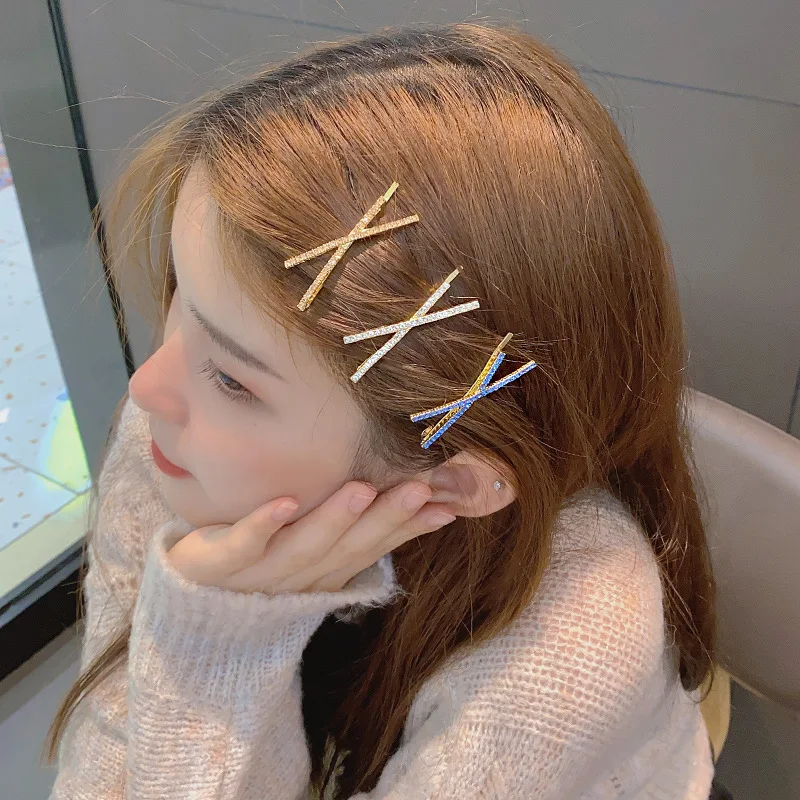 

Korean X Shape Rhinestone Barrette Hair Accessories Woman Gold Alloy Fashion Hair Clip Full Drill Super Flash Girl Cross Hairpin