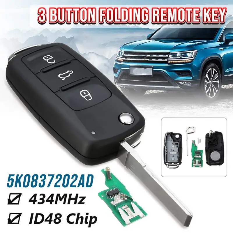 

3BTN Remote Flip key 434MHz ID48 Chip for Volkswagen 2010 2011 2012 2013 2014 2015 2016 2017 2018+ Car Keyless 5K0837202AD