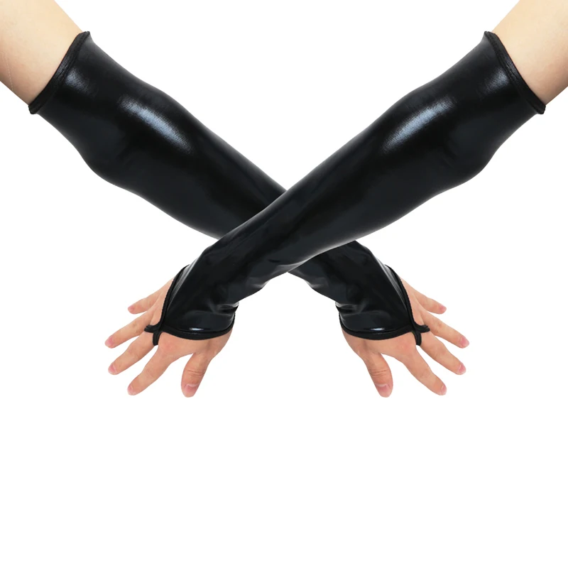 

Sexy Long Black Metallic Feel Gloves Synthetic Leather Arm Sleeves Costume New