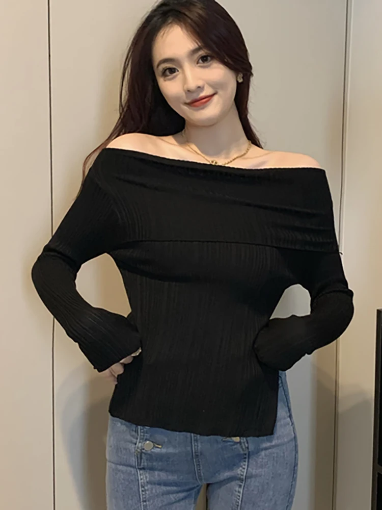 

Autumn Winter Clothes Women Sweater Pullover Slim Long Sleeve Tops Knit Sweaters Mujer Vintage Slash Neck Pull Femme Hiver 2022