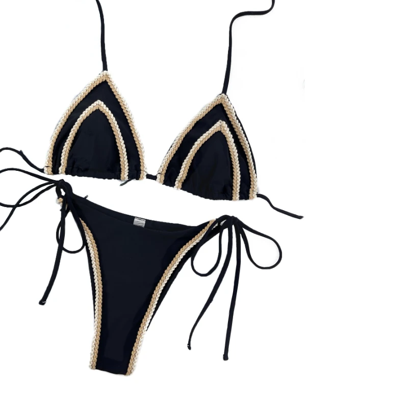 

Новинка 2023, женский купальник, Соблазнительный комплект бикини с переплетением, купальный костюм с лямкой на шее, однотонный купальник с открытой спиной, пляжная одежда из двух предметов