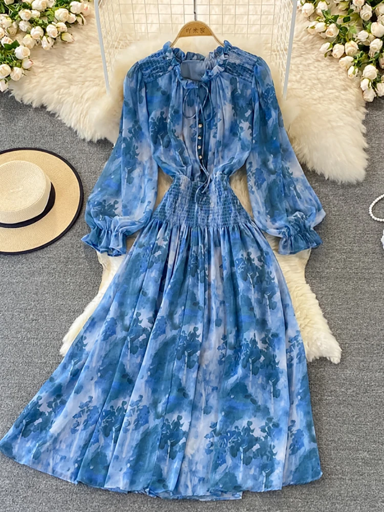 Женское винтажное платье макси с воланом длинное принтом воротником-стойкой и