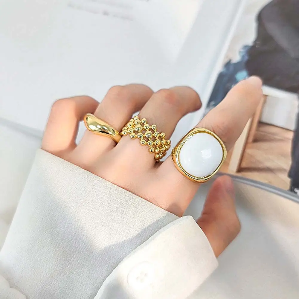 

3 Pcs Gold Color Beads Round Geometric Finger Rings Set Female Vintage Design Sense Ring Trendy Chic Ring Jewelry