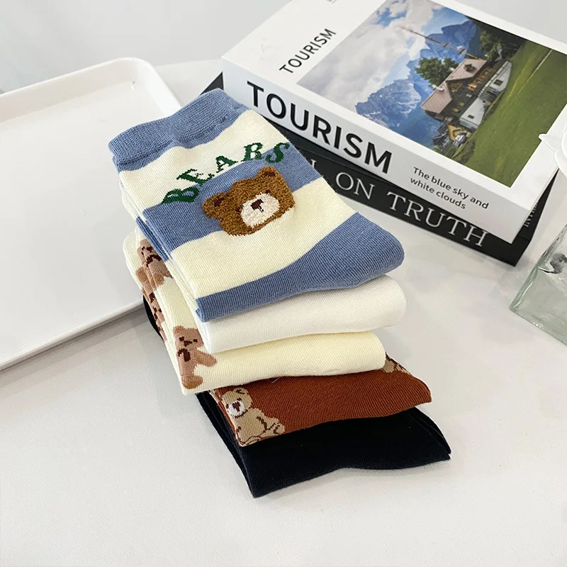 5 Pairs Women's Socks Set Cute Bear Cartoon Harajuku Style Cotton Short Sock Women Lolita Kawaii Funny Woman Socks Cotton