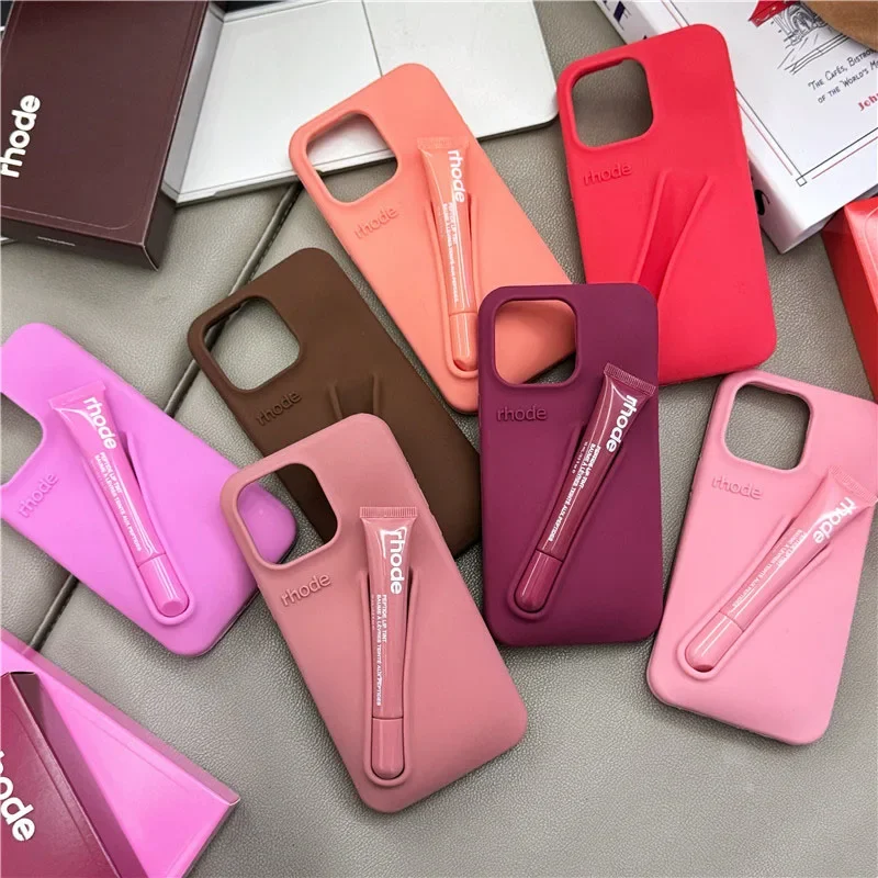 With Box DIY Rhode Phone Case for iPhone 16 15 14 13 12 11 Pro Max Plus Lipstick Portable Lip Gloss Holder Soft Silicone Cover