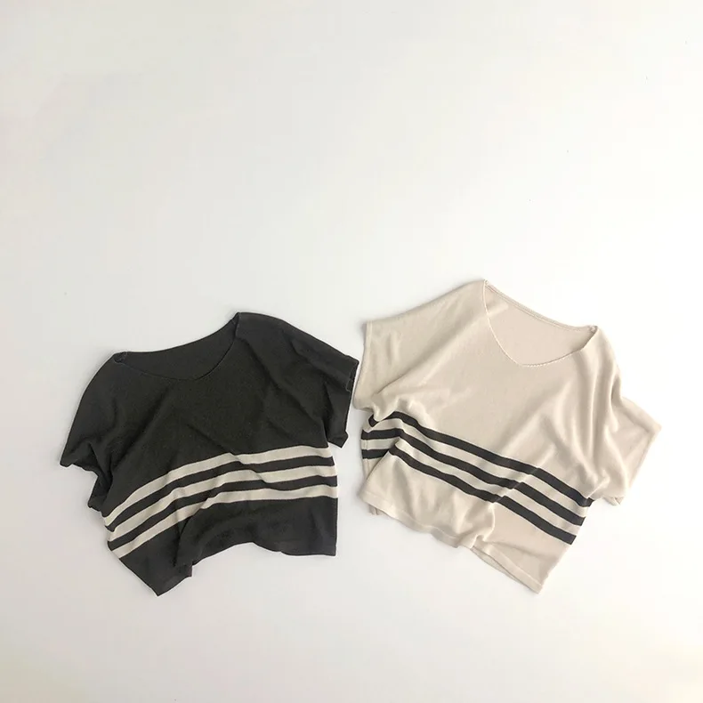 2022 New Summer Children Short Sleeve T Shirt Kids Knit T Shirts Baby Cotton Tee Tops Boys And Girls Striped T Shirt Infant Vest