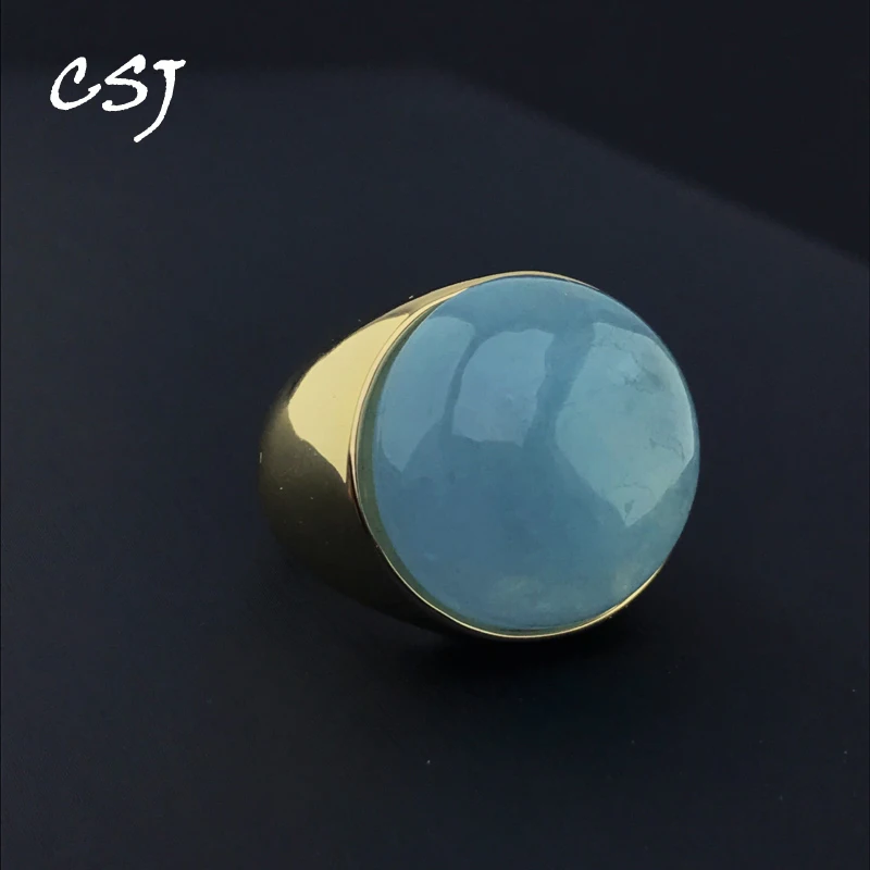 CSJ большой камень круглый 20 мм натуральный Аквамарин Кольца для женщин мужчин