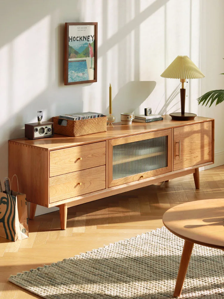 

United cherry wood TV cabinet Nordic Japanese solid wood sliding door glass audio visual cabinet modern simple furniture
