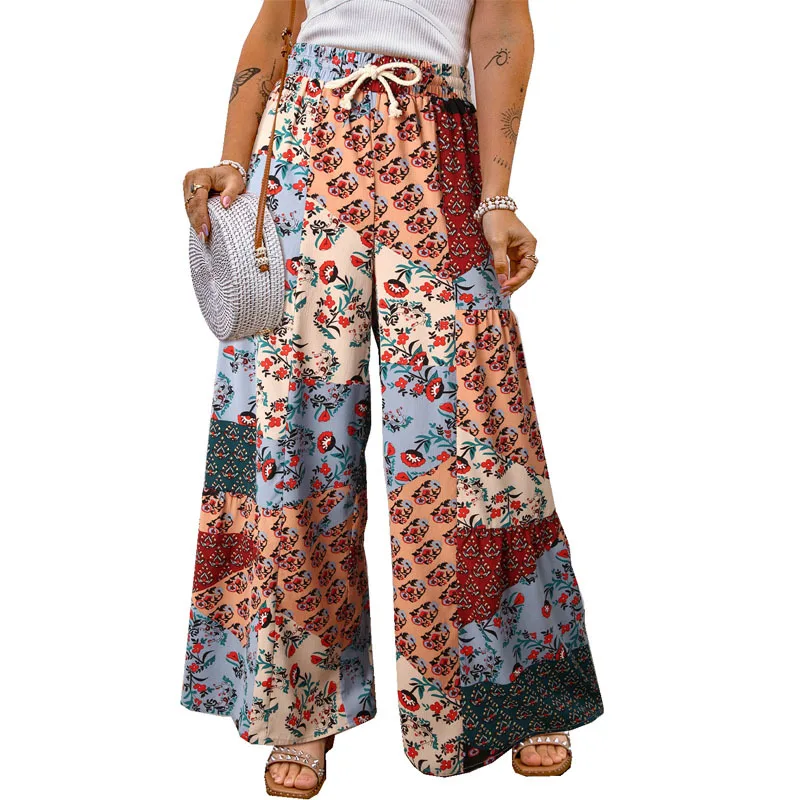 Casual Oversize Loose Wide Leg Trouser Summer Women Vintage Pants Print 3XL High Waist Drawstring Fashion 2023 New Beach Pants