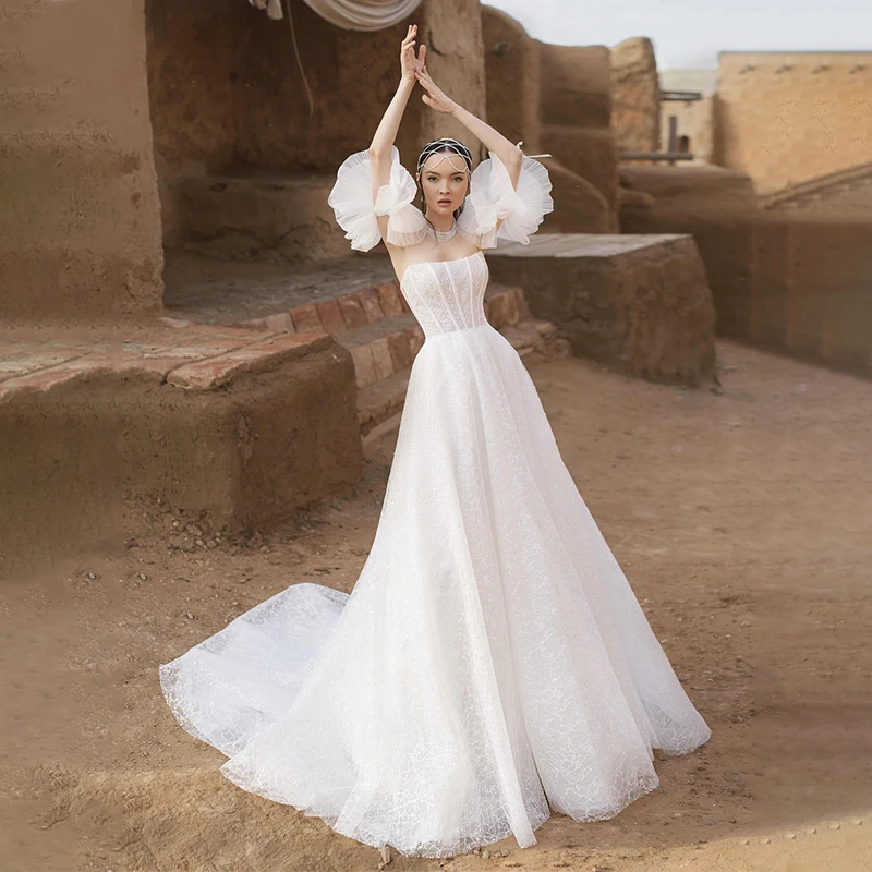 

Sexy Strapless A-Line Wedding Dresses Detachable Puff Sleeves Sweep Train Bridal Gowns Vestido de Noiva
