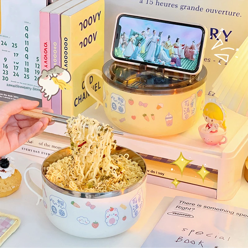 

Cute Ramen Bowl With Chopsticks Lid Spoon Kawaii Stainless Steel Instant Noodles Fruit Salad Soup Big Bowl Kitchen Tableware