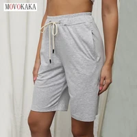 movokaka high waist casual womens pants slim elastic waist gray solid color lace pockets sports straight five point pants women