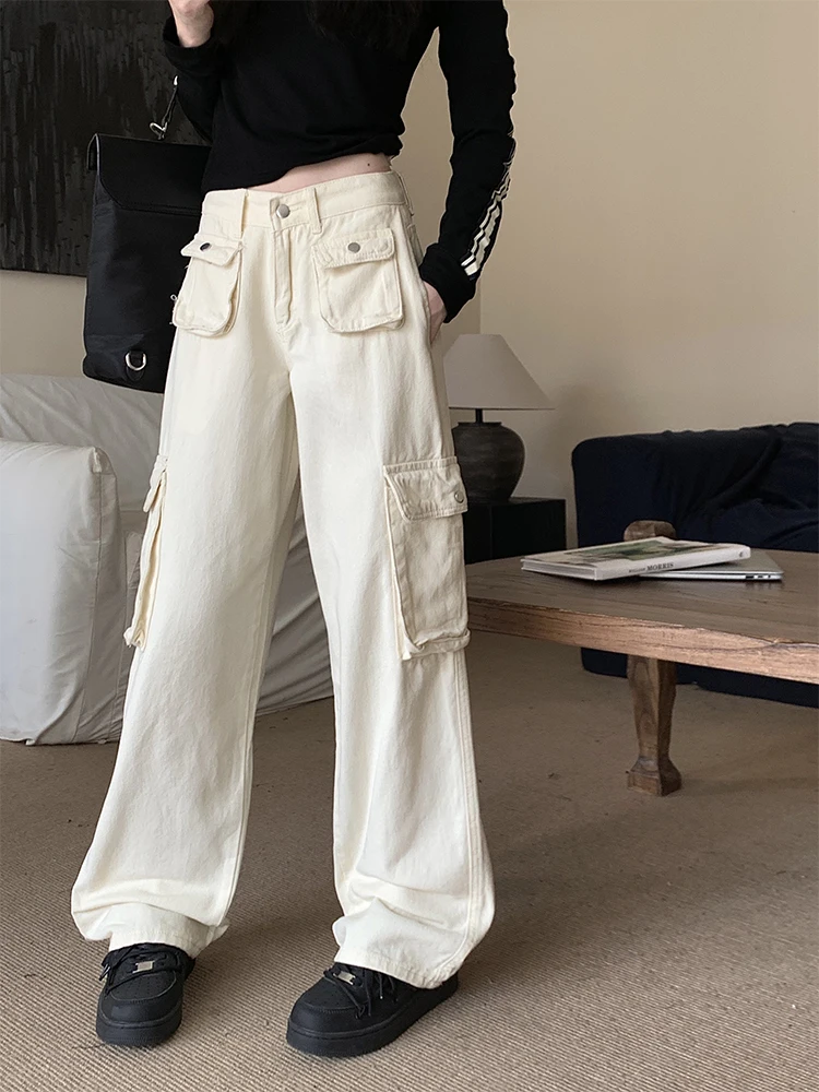 

Винтажные Женские Мешковатые джинсовые брюки-карго с множеством карманов, модные джинсы в стиле Харадзюку, однотонные свободные длинные брюки, уличная одежда Y2k, дизайн