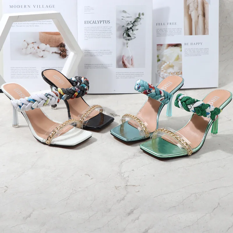 

2022 new summer metal decoration comfortable women's shoes square toe stiletto heel plus size slippers