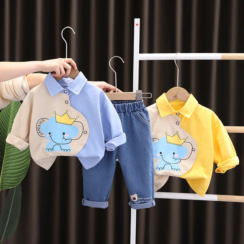 2023 Spring Cartoon Elephant Shirt Autumn Infantil Baby Boy 2PCS Clothes Sets Korean Jeans Pants Ropa Kids Toddler Boy Outfit