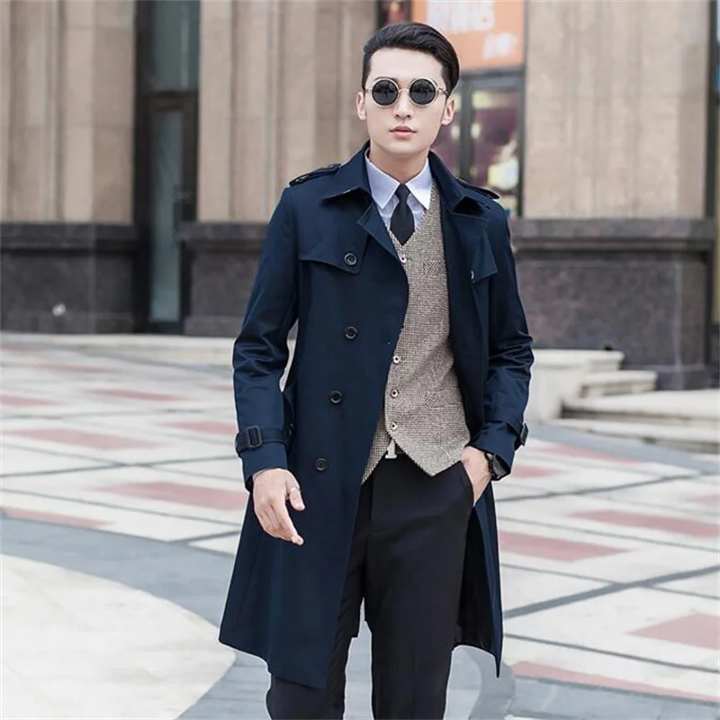 

Korean Men'S Trench Coats Spring And Autumn Long Windbreaker Blue Business Gentleman Middle-Aged And Young Double-Breasted