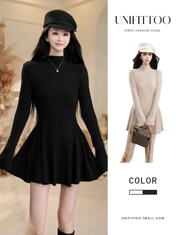 Black Knitted dress Women's Autumn and Winter 2024 New Wear Coat Inner wear Bottoming Tight Waist Dress
