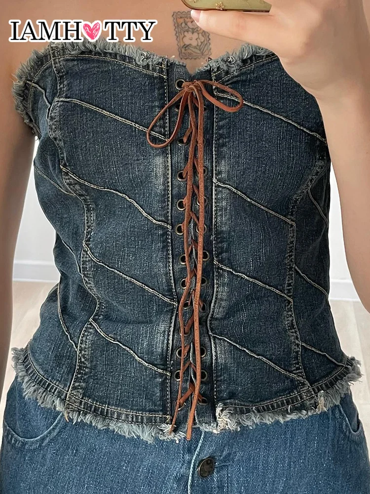 

IAMHOTTY High Street Frill Lace-up Bandage Denim Corset Women Sexy Elegant Strapless Tube Tops Korean Chic Vintage Tank Tops New