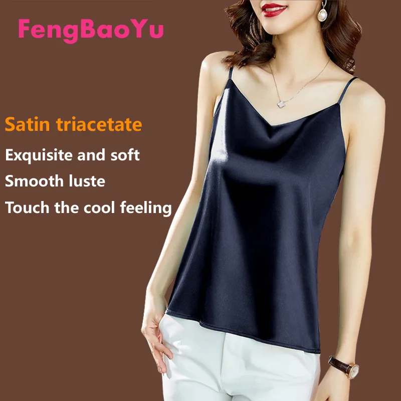 Fengbaoyu Triacetic Acid lady V Neckband Vest Spring  Summer Fat Girl Large Size Sleeveless Shirt Bottom Black Classic Simplicit