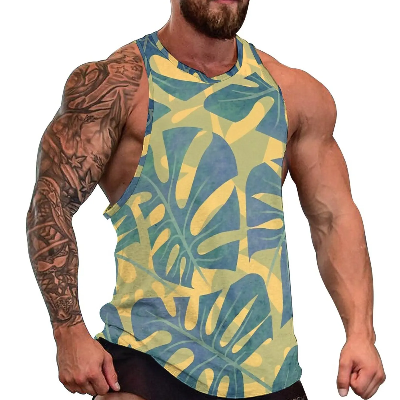 

Plam Leaf Daily Tank Top Blue And Yellow Workout Tops Man's Graphic Streetwear Sleeveless Shirts Big Size 4XL 5XL