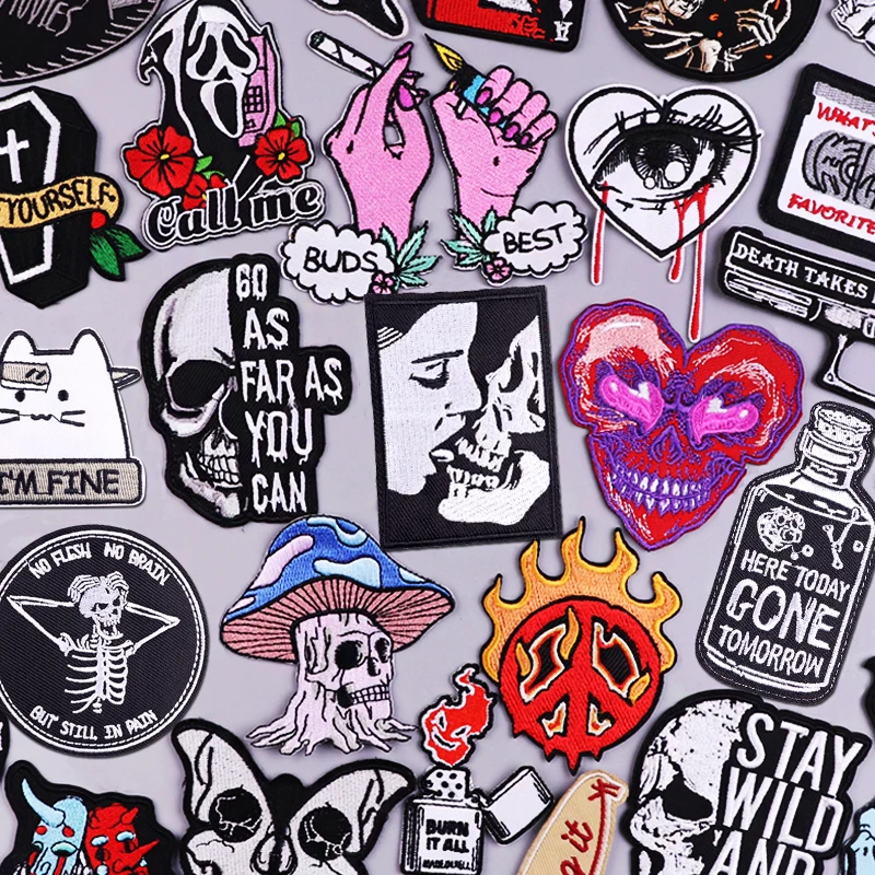 

Punk Skull Patch Iron On Embroidered Patches For Clothing Thermoadhesive Patches On Clothes Hippie Rock Biker Patch Sewing DIY