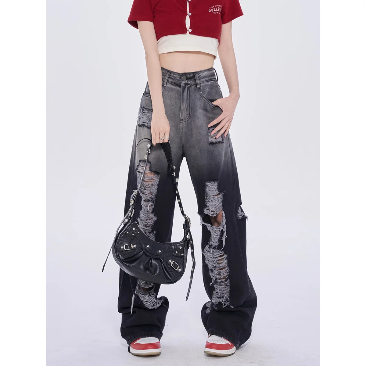 

2023 персонализированные рваные черные потертые градиентные джинсы в стиле ретро летние женские дизайнерские прямые свободные широкие брюки с высокой талией