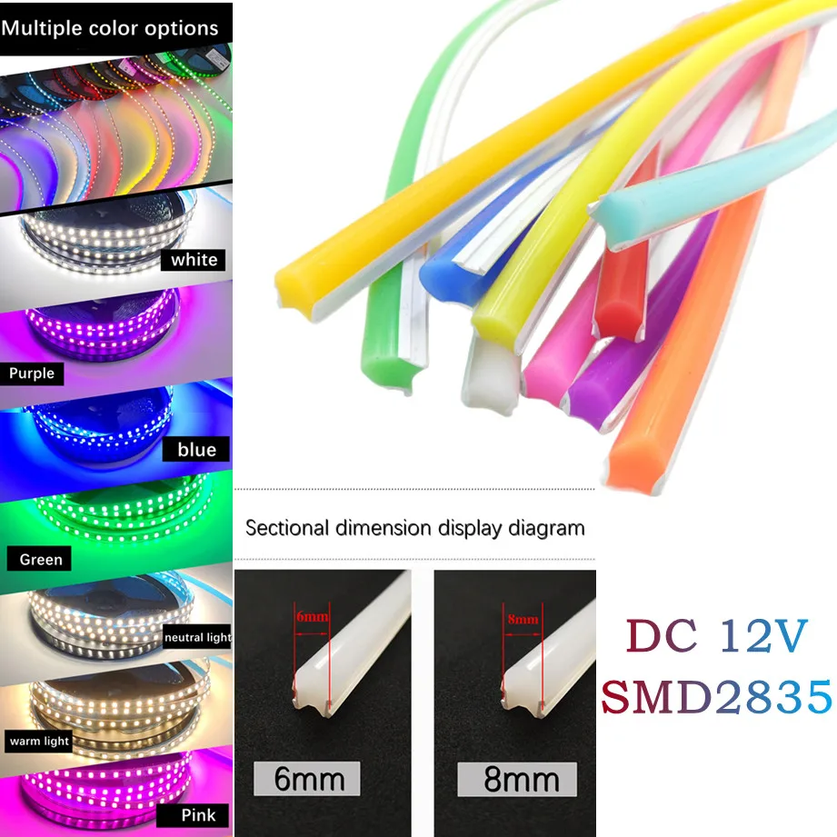 Фото Гибкая светодиодная лента DC 12V SMD2835, 6 мм/8 мм, в силиконовой трубке, 120 светодиодов/м, IP67, водонепроницаемая, для DIY S-образных вывесок и LED-подсветки №1