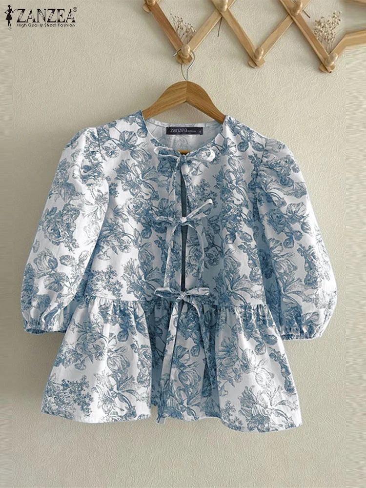 ZANZEA женские пышные блузки с короткими рукавами повседневные свободные круглым