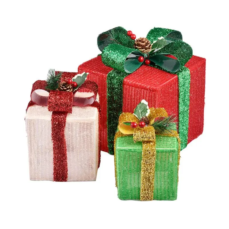 

3PCS Christmas Lighting Gift Boxes With Bows Indoor Luminous Christmas Tree Decorations Simulated Gifts Boxes
