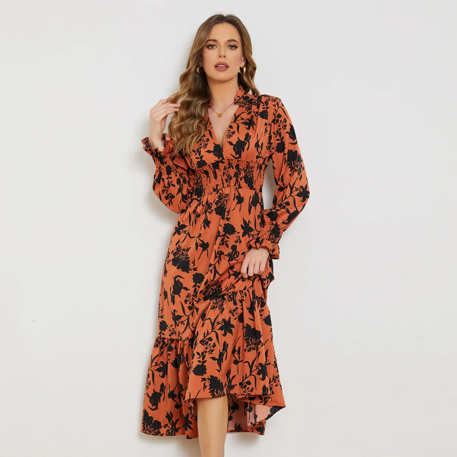 

Women Clothing 2023 New Arrivals Luxury Designer Temperament Fashion Dress Floral V-neck High Waist Ruffled A-line Dress