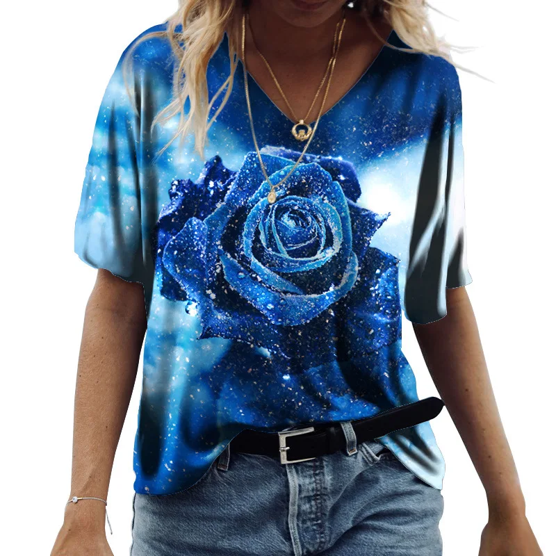 

Rose T-Shirts For Women Black 2022 New Summer Lady Casual V Neck 5XL Office Print Streetwear Tops Fashion Short Sleeve Pollver