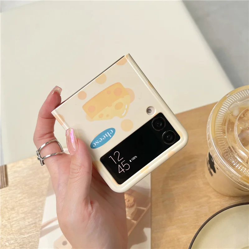 Ins Style Cheese Phone Case for Samsung Galaxy Z Flip 4 3 Hard Cover for ZFlip3 Zflip4 Solid Shell Bracket