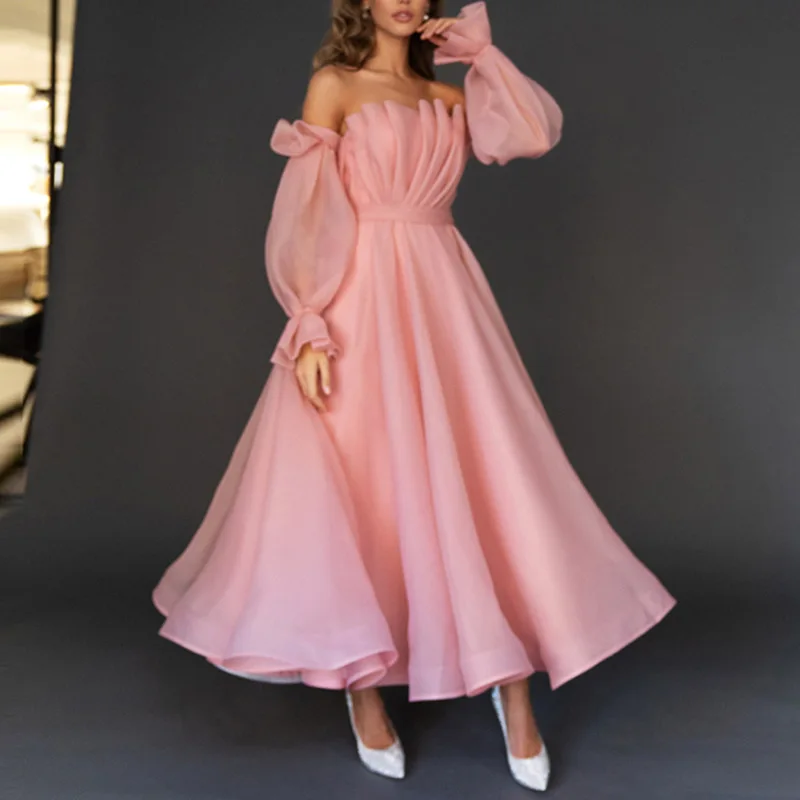 Fora do Ombro Vestidos de Baile Dama de Honra Vestidos de Noite Nova Chegada Rosa Tea-length Sexy Longo Mangas Compridas Plissado Strapless Robe 2022