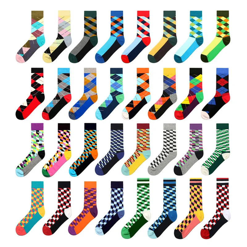 

Peonfly Quality Brand Mens Happy 27colors Striped Plaid Diamond Cherry Socks Men Combed Cotton Calcetines Largos Hombre